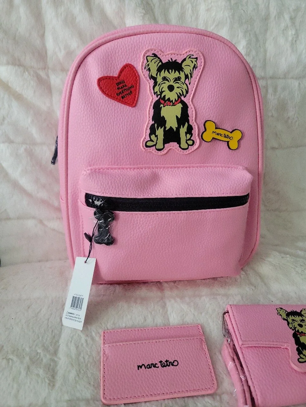 Marc Tetro Pink Kids To Adults Mini Backpack Set with Wallet Card Hold Dog Patch